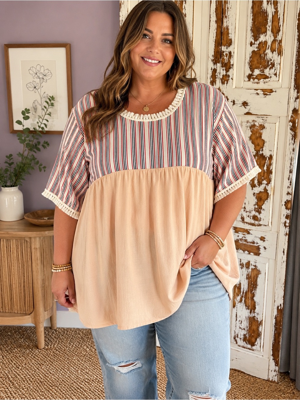 Davi & Dani Striped Color Block Fringe Linen Blend Top Boho Cottagecore Heritage